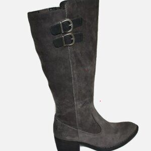 Born Basil Knee High Boot Wide Calf Gray Suede Burnished Double Buckle, Size 11